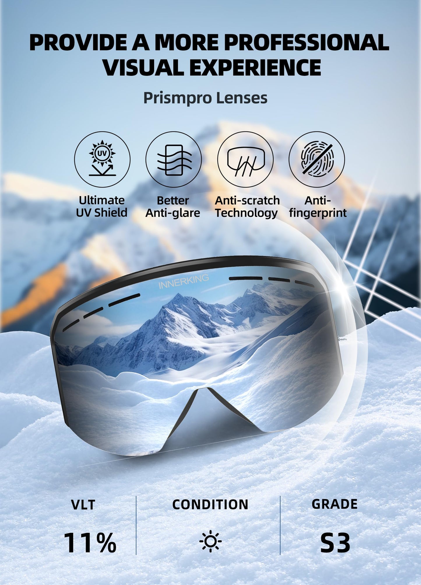 Innerking Ski/Snowboard Goggles SGS Approved for Men Women & Youth - OTG Snow Snowboard Skiing Goggles Anti Fog - 100% UV Protection