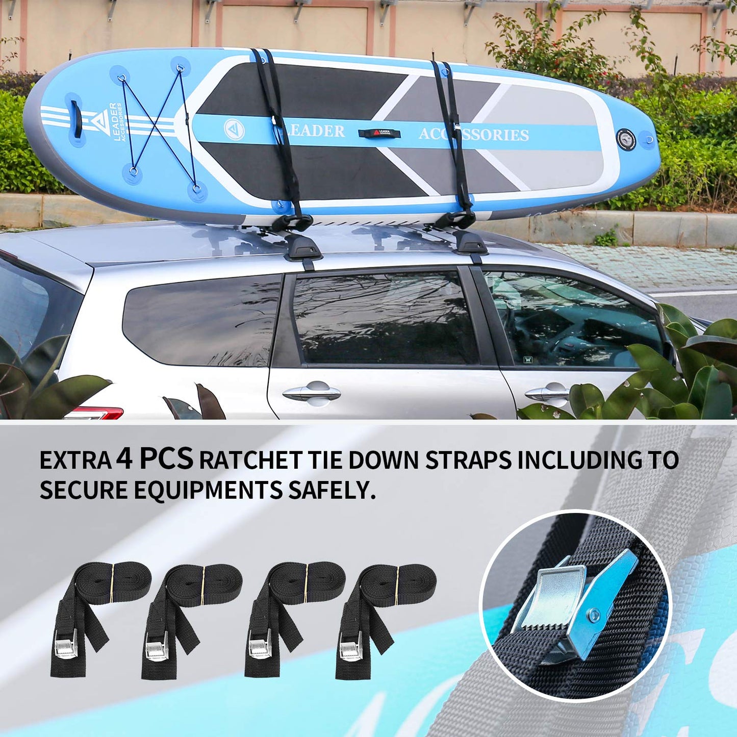 Leader Accessories Folding Kayak Rack 4 PCS/Set J Bar Car Roof Rack for Canoe Surf Board SUP On Roof Top Mount on SUV, Car and Truck Crossbar with 4 pcs Tie Down Straps