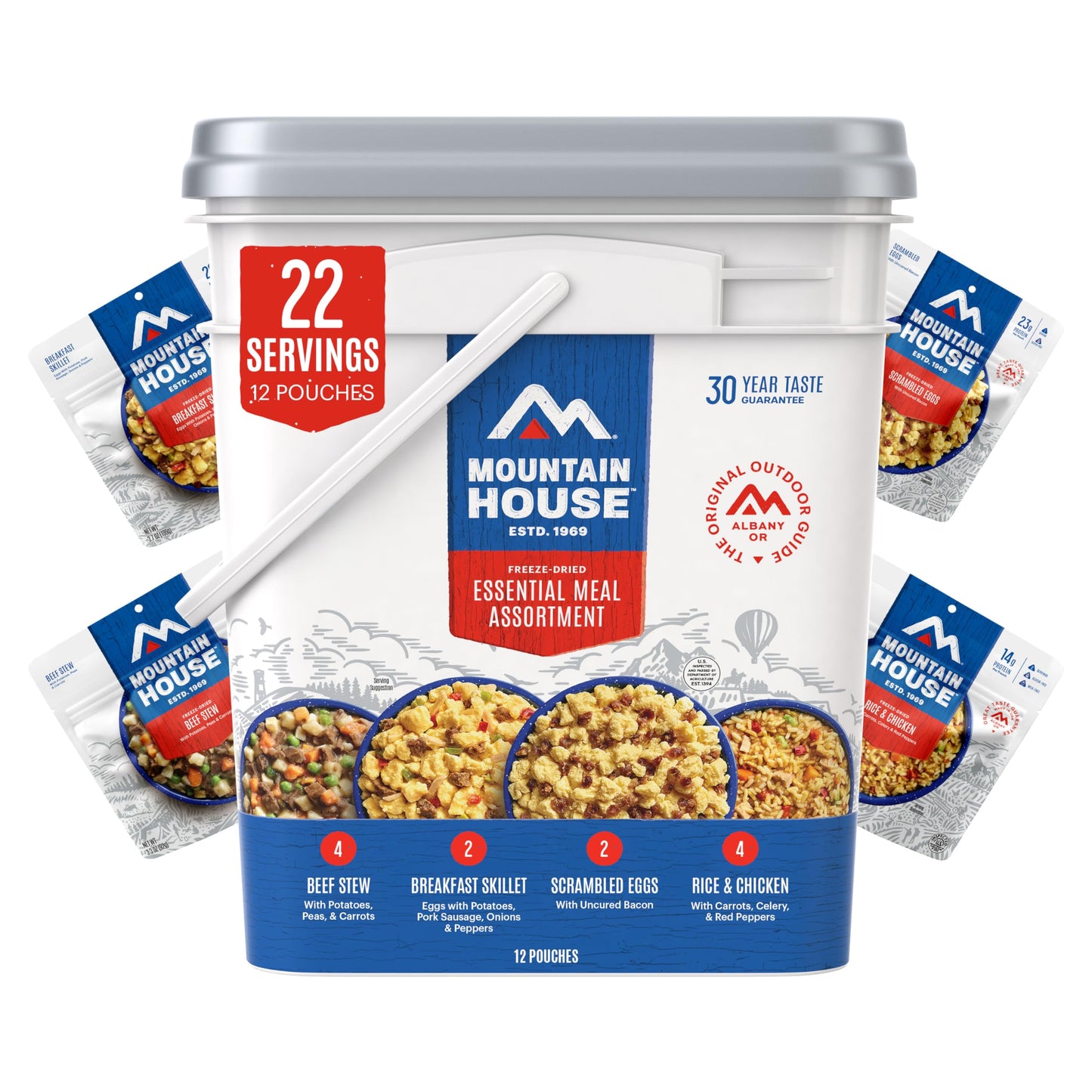 Mountain House Essential Meal Assortment Bucket | Freeze Dried Backpacking & Camping Food | 22 Servings | Gluten-Free