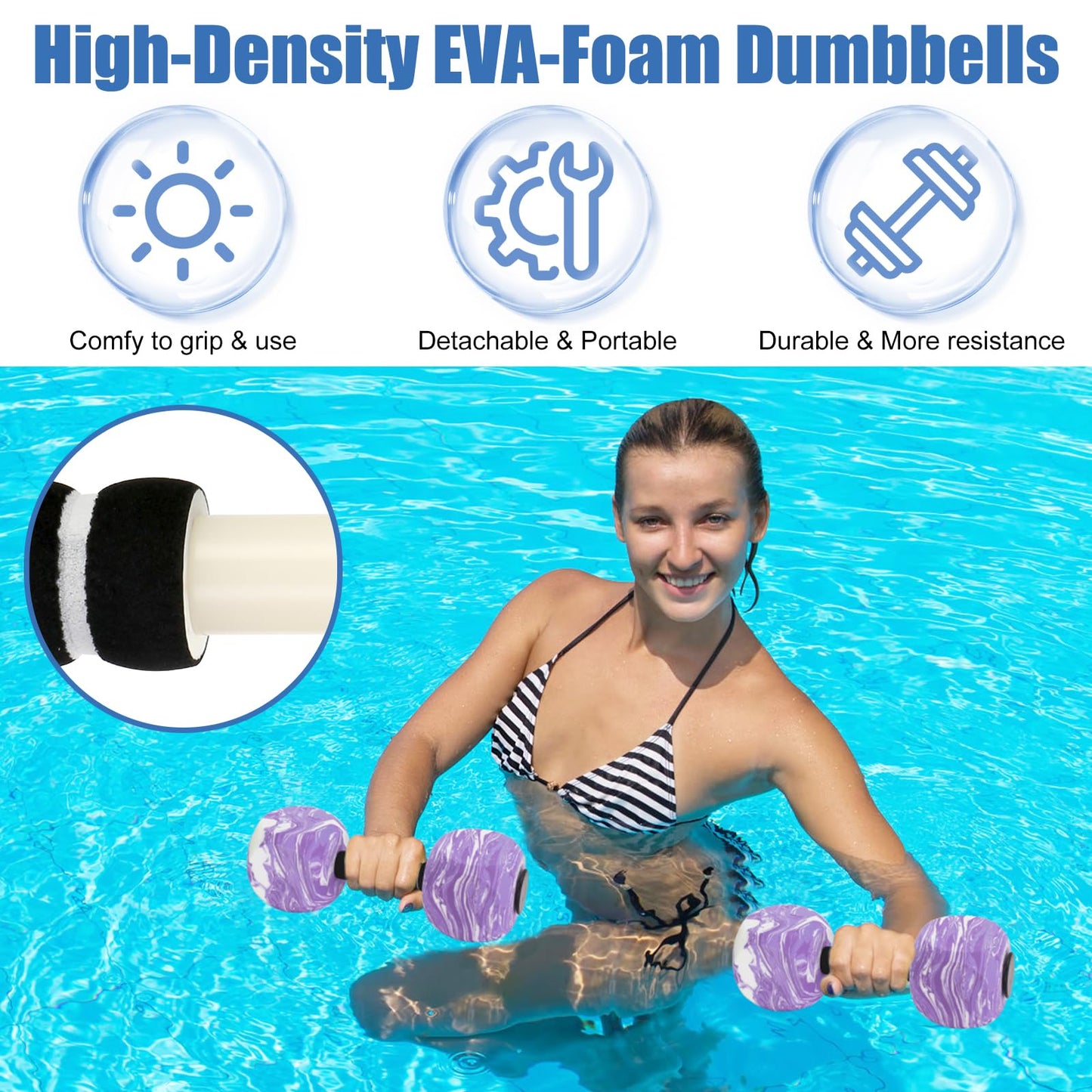 2Pack Water Dumbbells, Aquatic Exercise Dumbbells, EVA Foam Barbells for Men Women Youth Water Workouts (Purple+White)