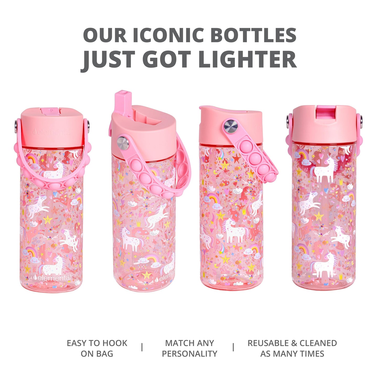 Elemental Leak Proof Water Bottles for Kids - Splash Kids Water Bottle for School with Pop-it Handle - Tritan Plastic Water Bottle with Straw - Mermaid & Pink Unicorn - 18oz (2 Pack)