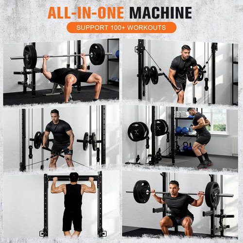 FiitDavz Folding Squat Rack - Wall Mounted Power Rack Cage with Cable Crossover Machine & LAT Pull Down - Functional Home Gym Trainer with 5 Adjustable Modes - with Safety Arm and Dips Attachment