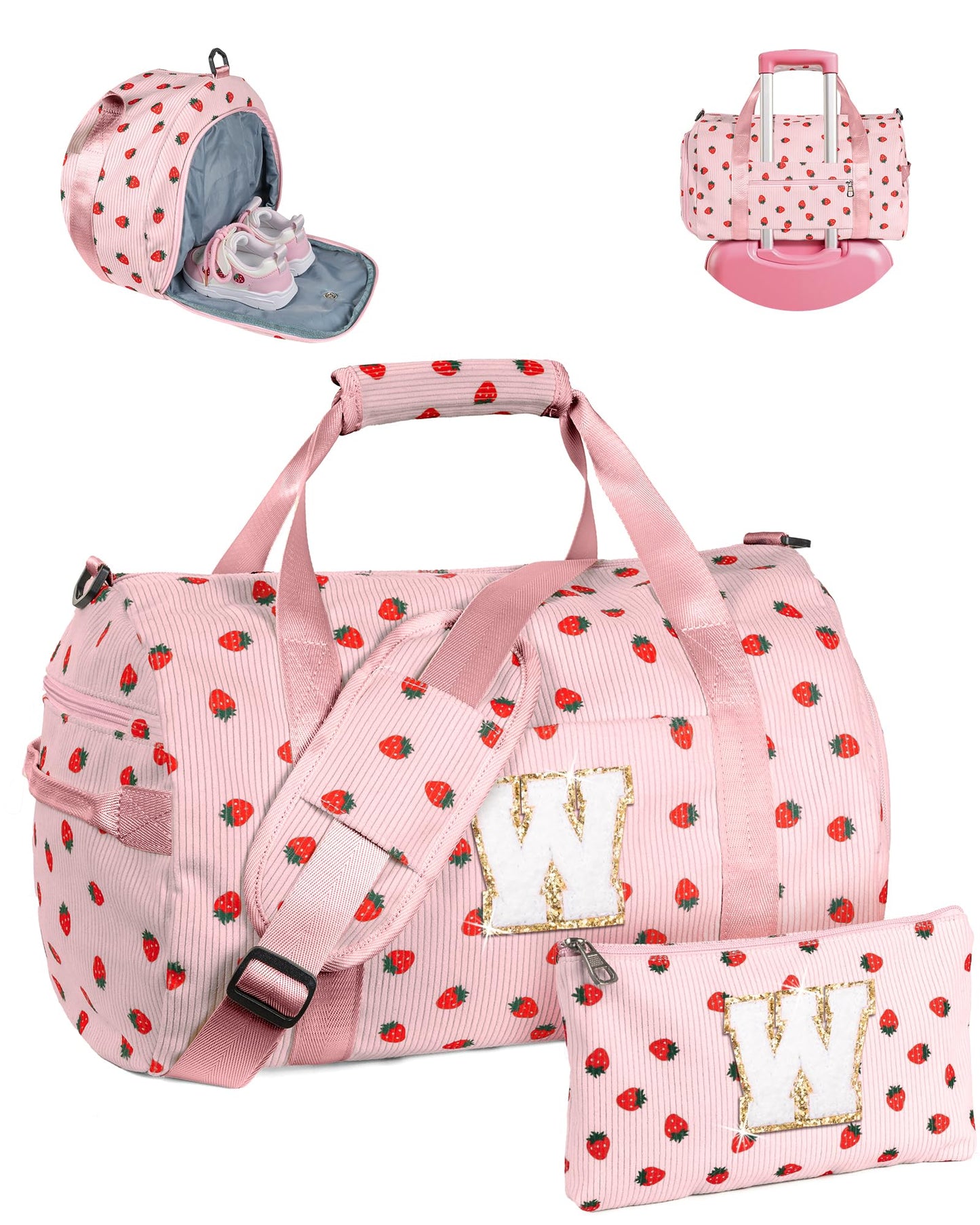 Vogewood Teenager Girl Gift Ideas, Girls Gym Bag, Kids Personalized Weekend Duffel Bags with Shoe Compartment, Initial Travel Tote with Makeup Bag, Holiday Gift Set (Letter W)