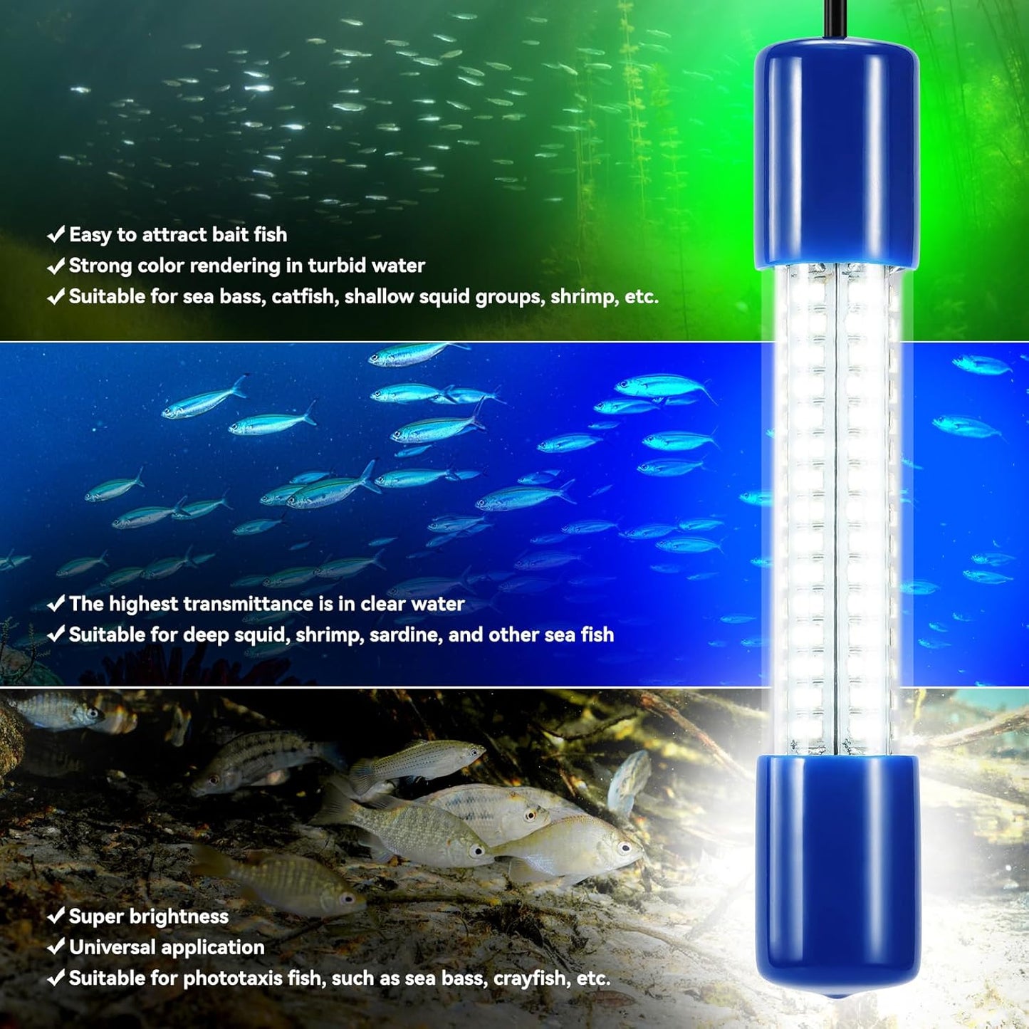 18W Underwater Fishing Light, IP68 Waterproof DC 12-24V LED Fish Bait Light Submersible Finder Attractants Lamp for Crappie Shrimp Squid Catfish + Battery Clamps, 16.4ft Cable Green/Blue/White Light