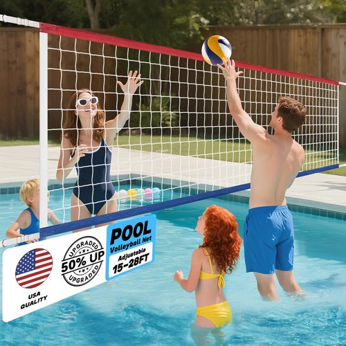 XXXYYY Upgraded Swimming Pool Volleyball Net Replacement, Lengthened 15FT-28FT Adjustable, Upgraded Weather Resistance with Waterproof, Thicker Borders and Nylon Straps-15x3FT, Red Blue(Net Only)