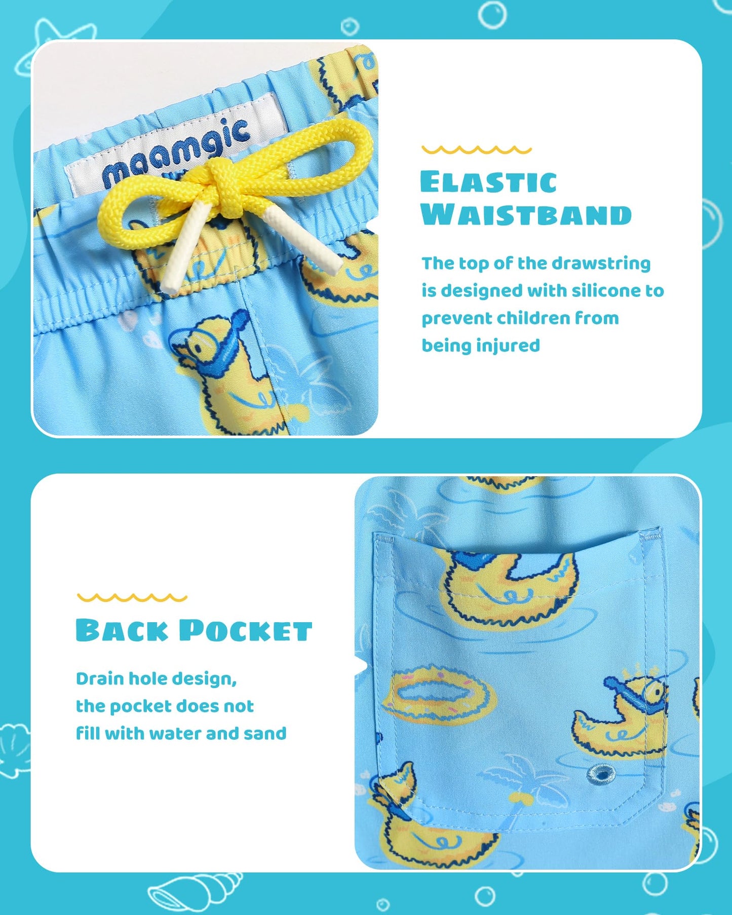 maamgic Boys Swim Trunks with Compression Liner Toddler Stretch Swim Shorts Quick Dry Swimming Trunks Boxer Brief 2 in 1 Beach Shorts Blue Rubber Ducky 14/16