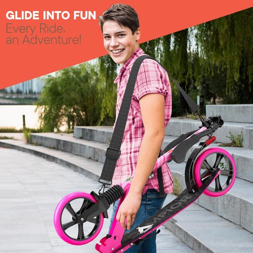 Campior Kick Scooter for Ages 6+, for Kids, Teens, and Adults, Max Load 240 LBS, Foldable, 8-inch Big Wheels for Kids and Adults, with Kickstand, 3 Adjustable Levels, Child Safety Approved, Pink