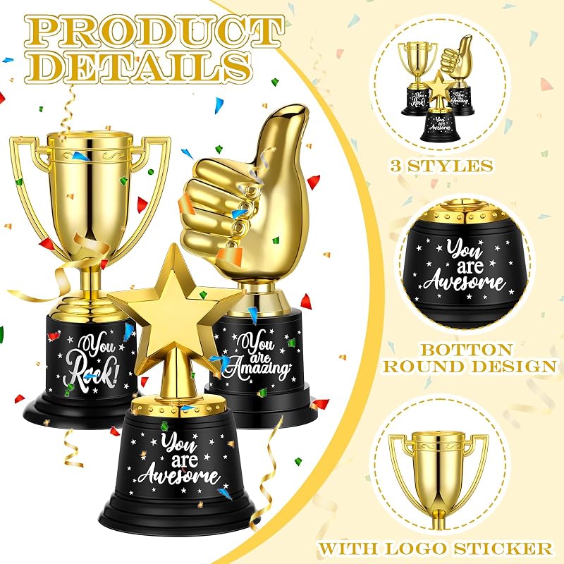 Bulk 36 Pack Gold Trophy Awards - 3 Styles, 4.6-5 Inch Plastic Trophies