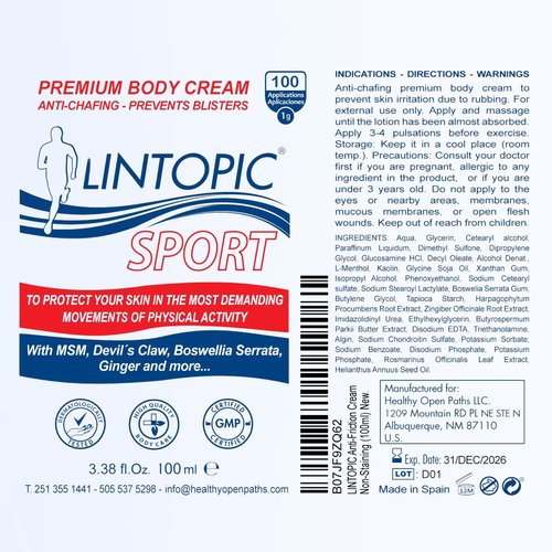 LINTOPIC Anti-Friction Cream – Prevents Chafing & Skin Irritation | Non-Staining, Fast-Absorbing Formula | Ideal for Athletes, Running, Cycling & Daily Protection (100ml)