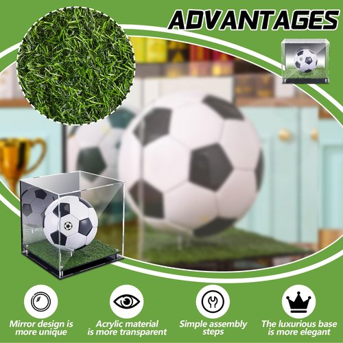 Geelin Soccer Ball Display Case 12" x 11" x 10.5" Acrylic Clear Display Case Box with Mirror Back and Turf Grass, Storage Cube for Soccer Ball Collectibles Sports Memorabilia Collector Gift