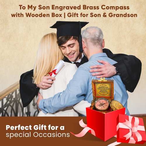 to My Son Engraved Compass – “Wherever Your Journey May Take You” – Christian Gift for Son – Graduation, Baptism, Birthday Keepsake – Antique Brass Compass with Wooden Box