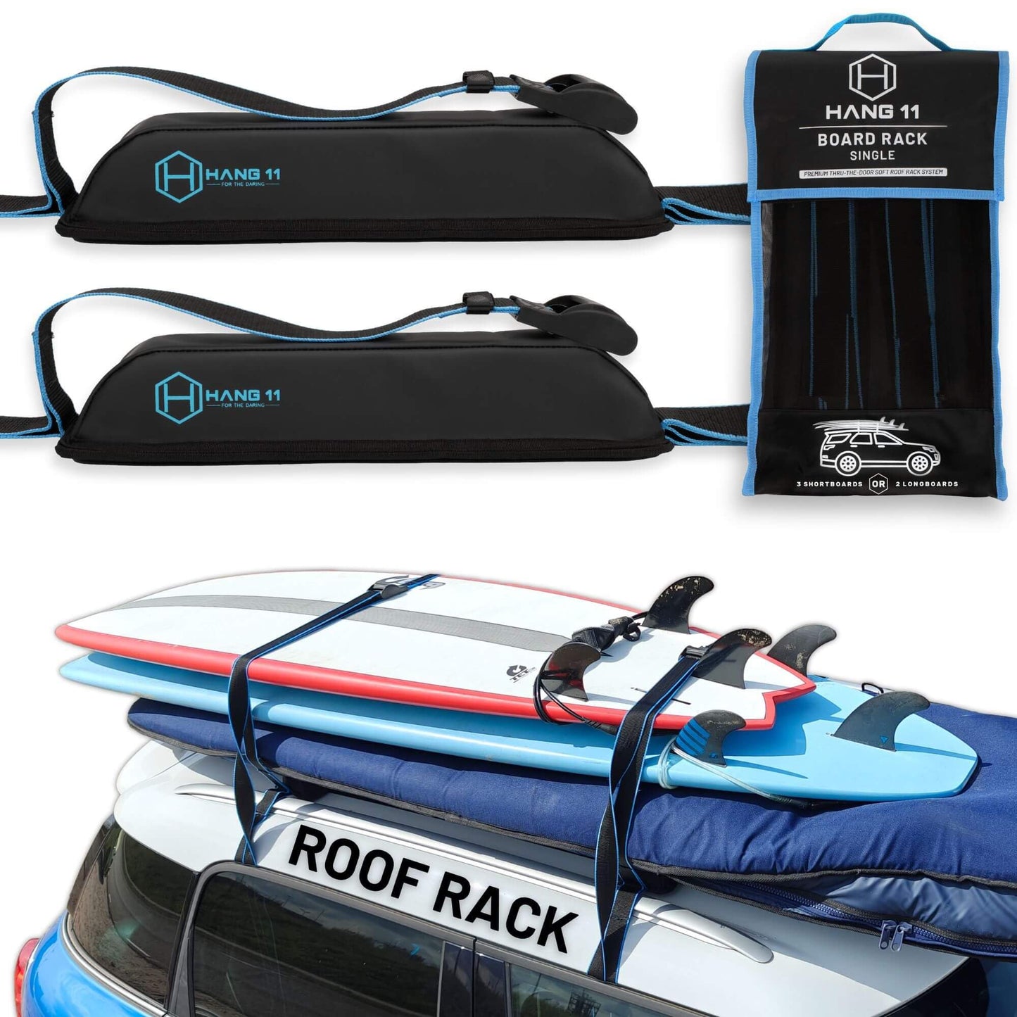 Hang 11 Surfboard Roof Rack - Soft Padded Surfboard Rack for Car, No-Scratch Buckles, Fits Most Vehicles Without Crossbars, Extra-Wide 1.5” Straps, Carries up to 3 Boards (Single / 3 Boards)