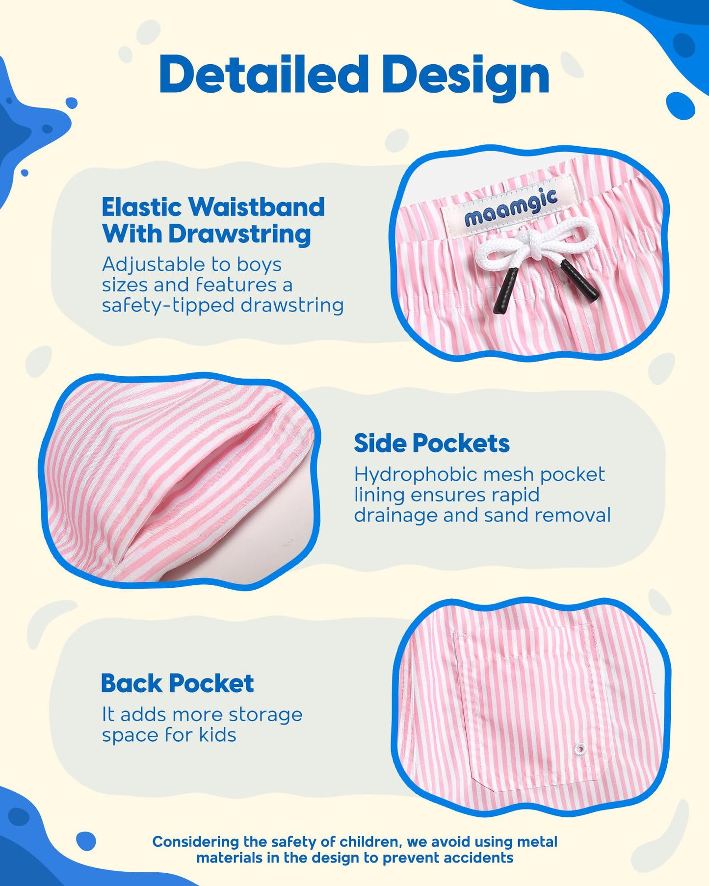 maamgic Boys Swim Trunks Toddler Swim Shorts Little Boys Bathing Suit Swimsuit Toddler Boy Swimwear Pink and White Stripes 10-12 Years,Pink and White Stripes,10 T