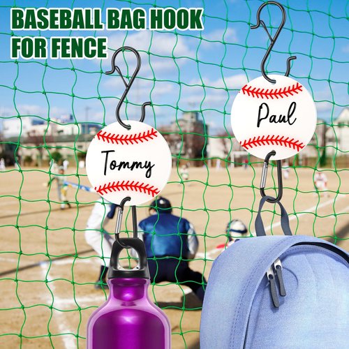 CroBlissful 12 Pcs Bag Hook for Fence, Sports Fence Hook, Bag Clip for Fence, Metal Backpack Hooks with Acrylic Board, Fence Hooks for Bat Bag Water Bottle Lover Player Gifts (Baseball)