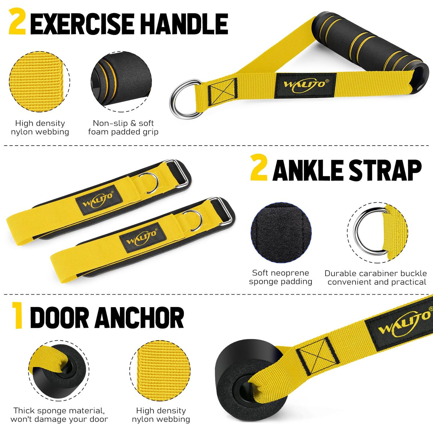 WALITO Resistance Bands Set - Exercise Bands with Handles, Door Anchor, Legs Ankle Straps, for Heavy Resistance Training, Physical Therapy, Muscle Training, Yoga, Home Workouts, Gym (Yellow 150Lbs)