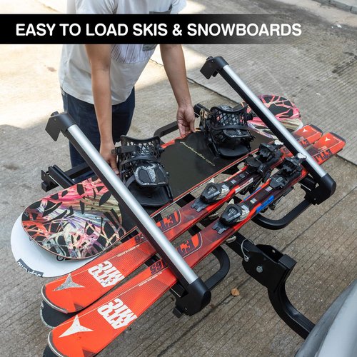 Leader Accessories Folding Hitch Mounted Ski & Snowboard Rack, Adjustable Snowboard Roof Racks Hold 4 Snowboard or 6 Skis with Anti-Theft Lock, Fits 2" Receiver and Most Cross Bars