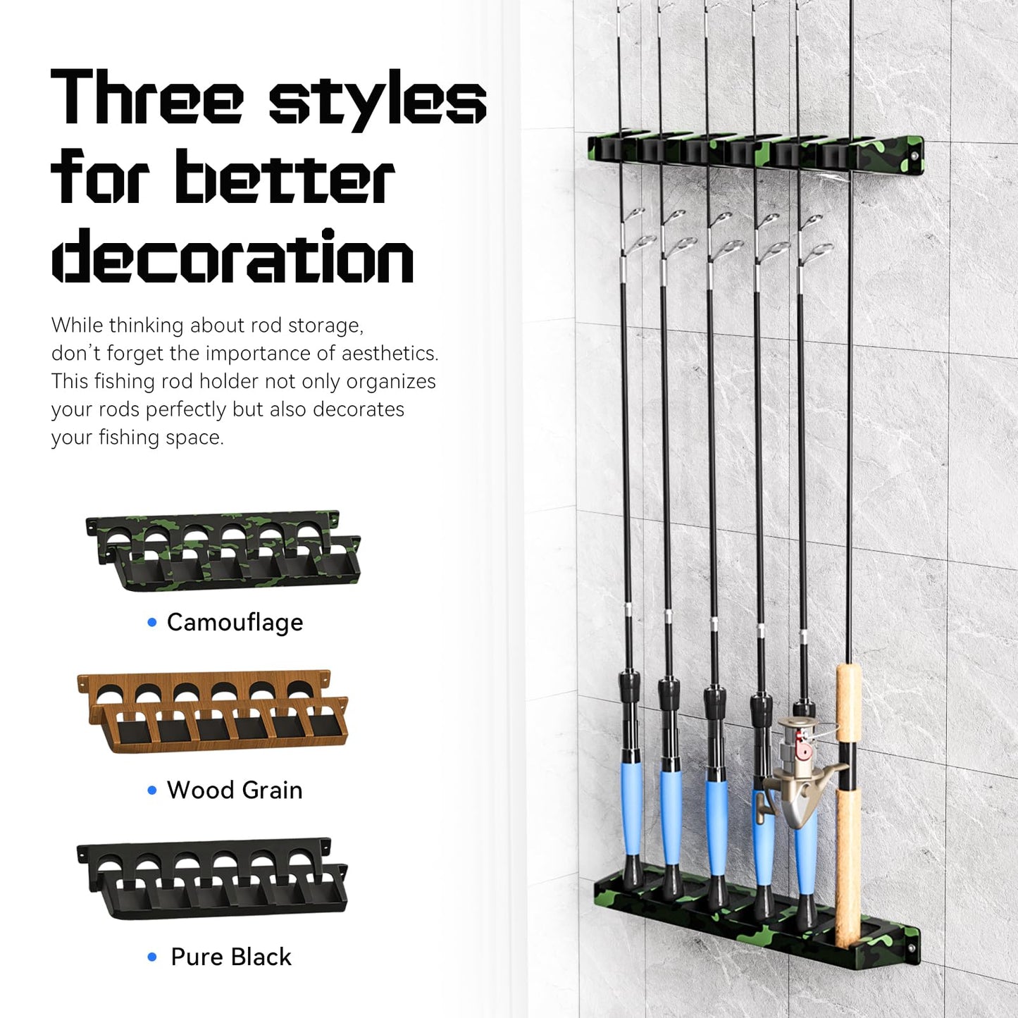 Tcakelox Fishing Rod Holder for Garage Fishing Pole Holders Fishing Rod Rack Vertical Wall-Mounted for Garage Stores 6 Rods or Combos Fits Most Rod Diameters (Vertical Black, 1 Pair)