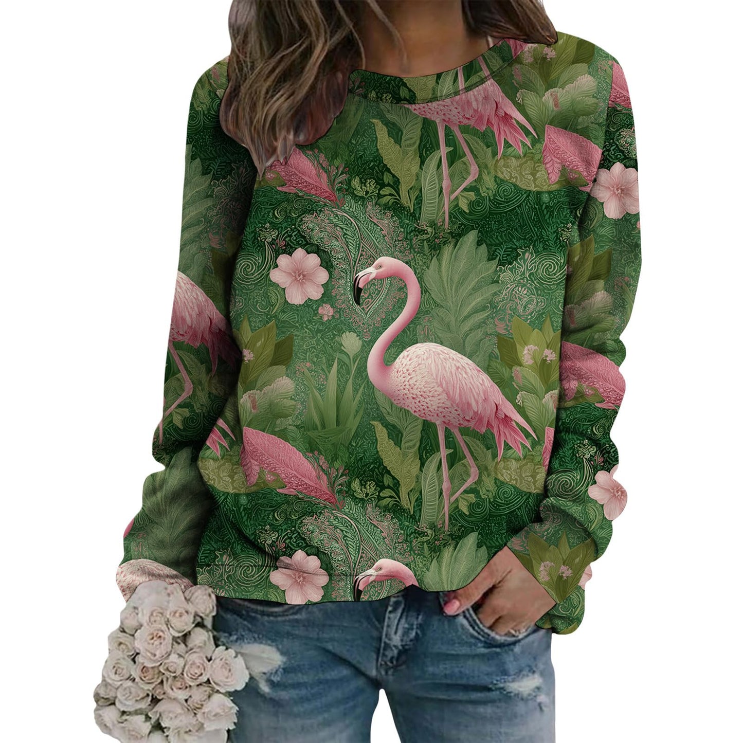 LOAIHA Womens Botanical Leaf Print Sweatshirt Long Sleeve Cotton Blend Pullover Relaxed Fit Crew Neck Top Fall Winter Fashion