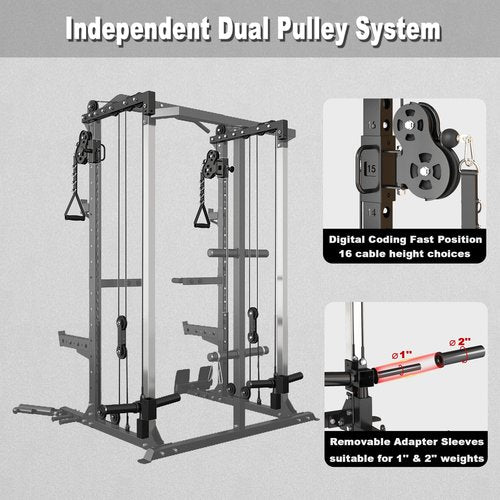 Cofiyard Power Cage, Power Rack with Dual Pulley System, Multi-Function Squat Rack with Cable Crossover, Free Weight Home Gym Workout Machine(Black)