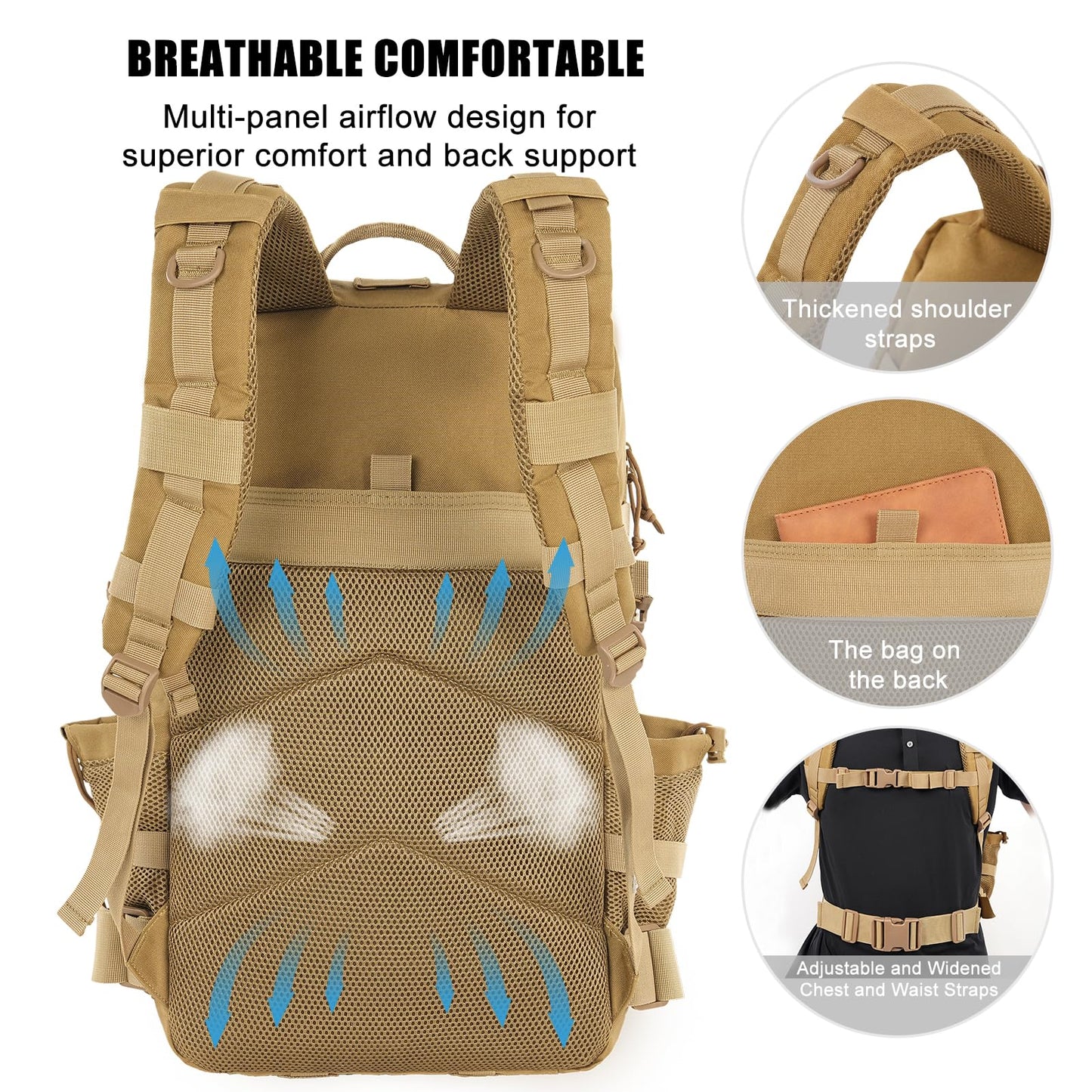 kookoomia Military Tactical Backpack 50L Large Day Backpack for Men Molle Army 3 Days Assault Pack Bug Out Bag Water Resistant and Heavy Duty Hiking Treeking Rucksack - Brown