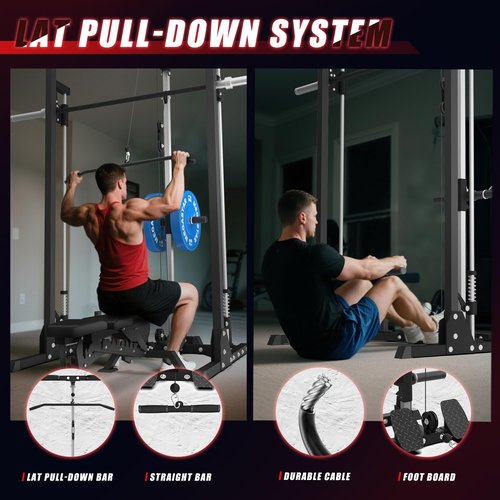 MEGASTAR Compact Smith Machine Home Gym - 800lb Barbell Sleeve, Space-Saving Power Cage with LAT Pulldown, Power Rack 5-in-1, 1500lb Capacity for Garage & Small Spaces