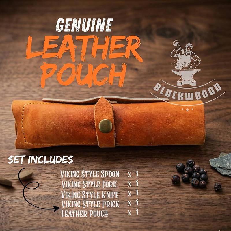 Hand Forged Viking Cutlery Set with Leather Pouch - Black Variation