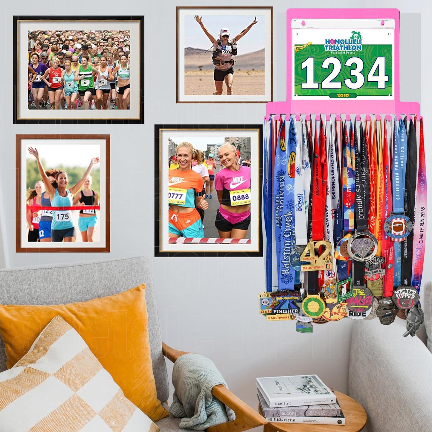 Lapetale Fashion Pink Race Bib and Medal Display,Marathon Medal Display and Runner Medal Hanger Display,Bib Running Medal Display, Running Medal Hanger Display,Medal Holder for Wall,Gifts for Runners