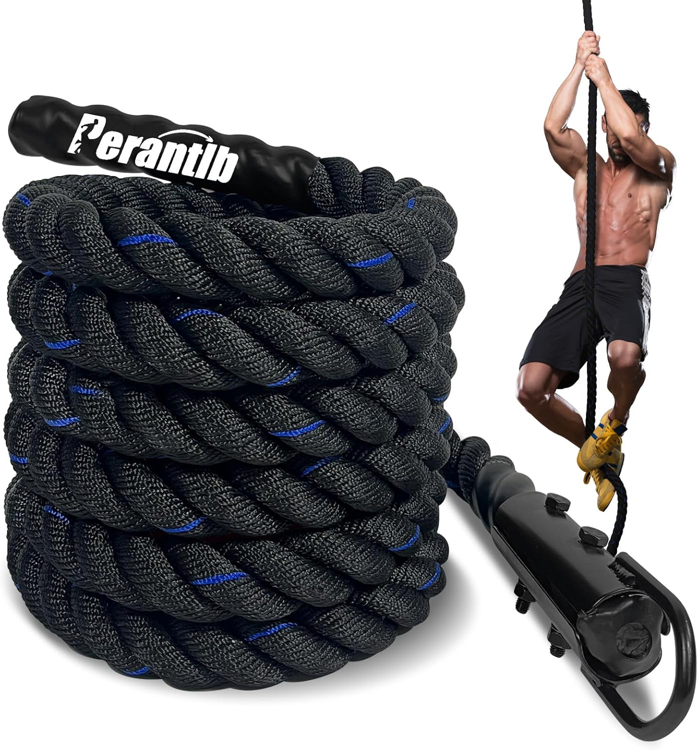 100% Polyester Climbing Rope with Hooks - Heavy Duty 1000LBS Load Capacity, 1.5inch Diameter, 10,15,20,25,30,50ft Length for Outdoor Rock Climbing, Rescue & Escape (20ft)
