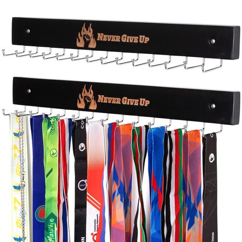 Wall-Mounted Medal Hooks Display Organizer - 14 L-Shaped Metal Hooks with Engraved Never Give Up Wood Plaque | Award Trophy Rack for Sports, Race Bibs, Necklaces & Keys (Black, Never Give Up)