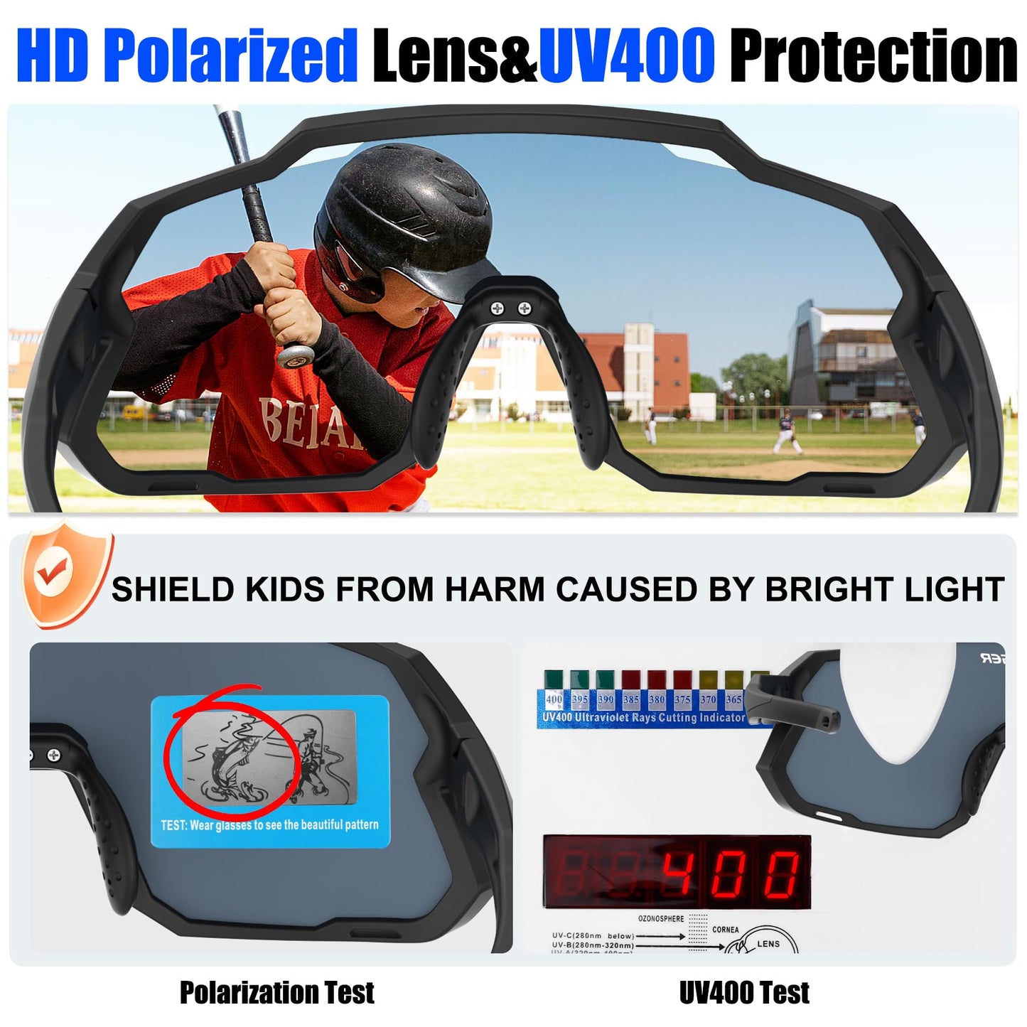 X-TIGER Kids Sunglasses Polarized Youth Baseball Sunglasses for 8-14 boys girls UV400 Sports Softball Cycling Glasses black