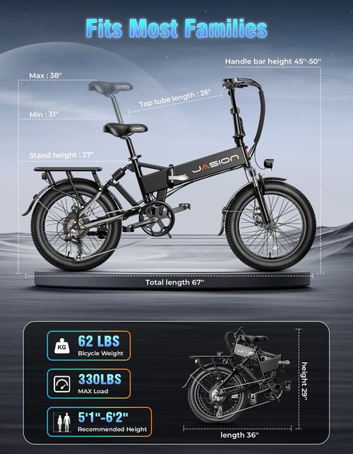 Jasion EB7 2.0 Adult Electric Bicycles, 28MPH Folding Electric Bike with 1200W Peak Motor, 55Miles Commute Ebikes for Adults 480WH Battery, Shock Absorber, Disc Brake, 20" *3.0 Tires for Beach Snow