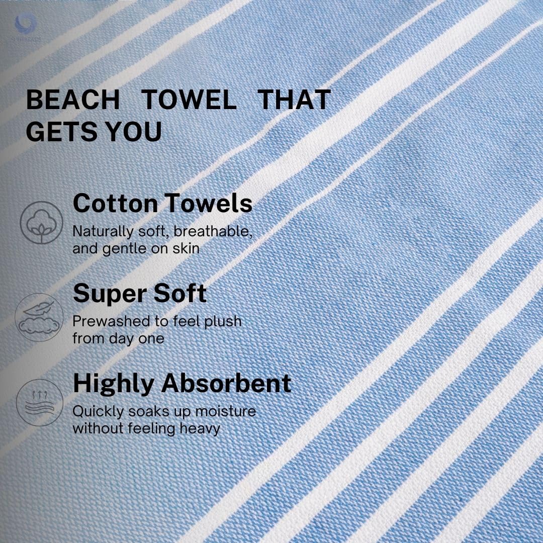 9Threads Cotton Turkish Beach Towel with Towels Oversized 36"x72" Pool Absorbent Extra Large Quick Dry Sand Travel Towel (Azure Bliss, 4 Pack)