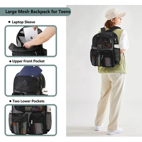 ZEERIIHOME Mesh Backpack Heavy Duty 28L See Through Backpack for Adult with Paded Strap Large Capacity for Sports Hiking Travel Outdoor Beach(Black)