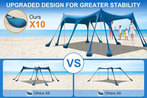 Beach Tent Sun Shelter, Camping Sun Shelter 10 x 13FT with 10 Sandbags, Sand Shovel, Ground Pegs, Stability Poles, Beach Canopy Tent Sun Shade UPF50+ Protection for Camping, Fishing, Backyard