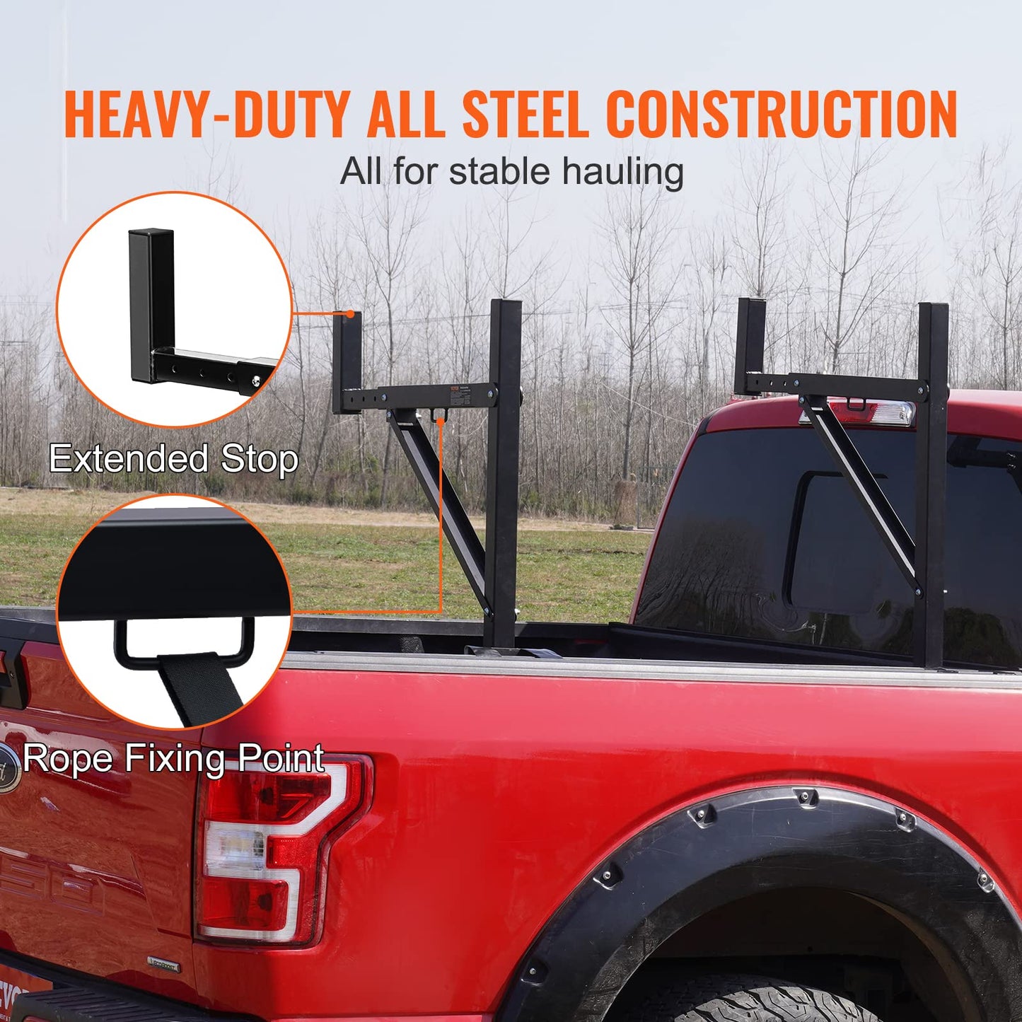 VEVOR Truck Rack, 19-34inch Extendable Truck Ladder Rack, 38.6"-43.6" Adjustable Height, 250 lbs Capacity Steel Ladder Rack for Truck, Heavy Duty Truck Bed Rack for Kayak, Surfboard, Lumber, Ladder