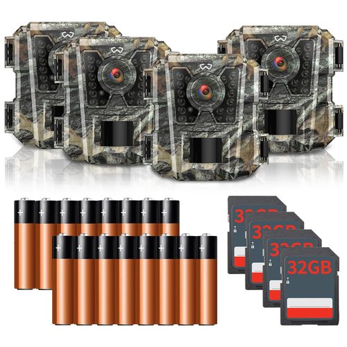 WOSODA Mini Trail Camera 4 Pack 24MP 1080P HD, Game Cam with SD Card, Waterproof Tiny Hunting Camera Night Vision Motion Activated with Fast Trigger Time for Outdoor Wildlife Monitoring