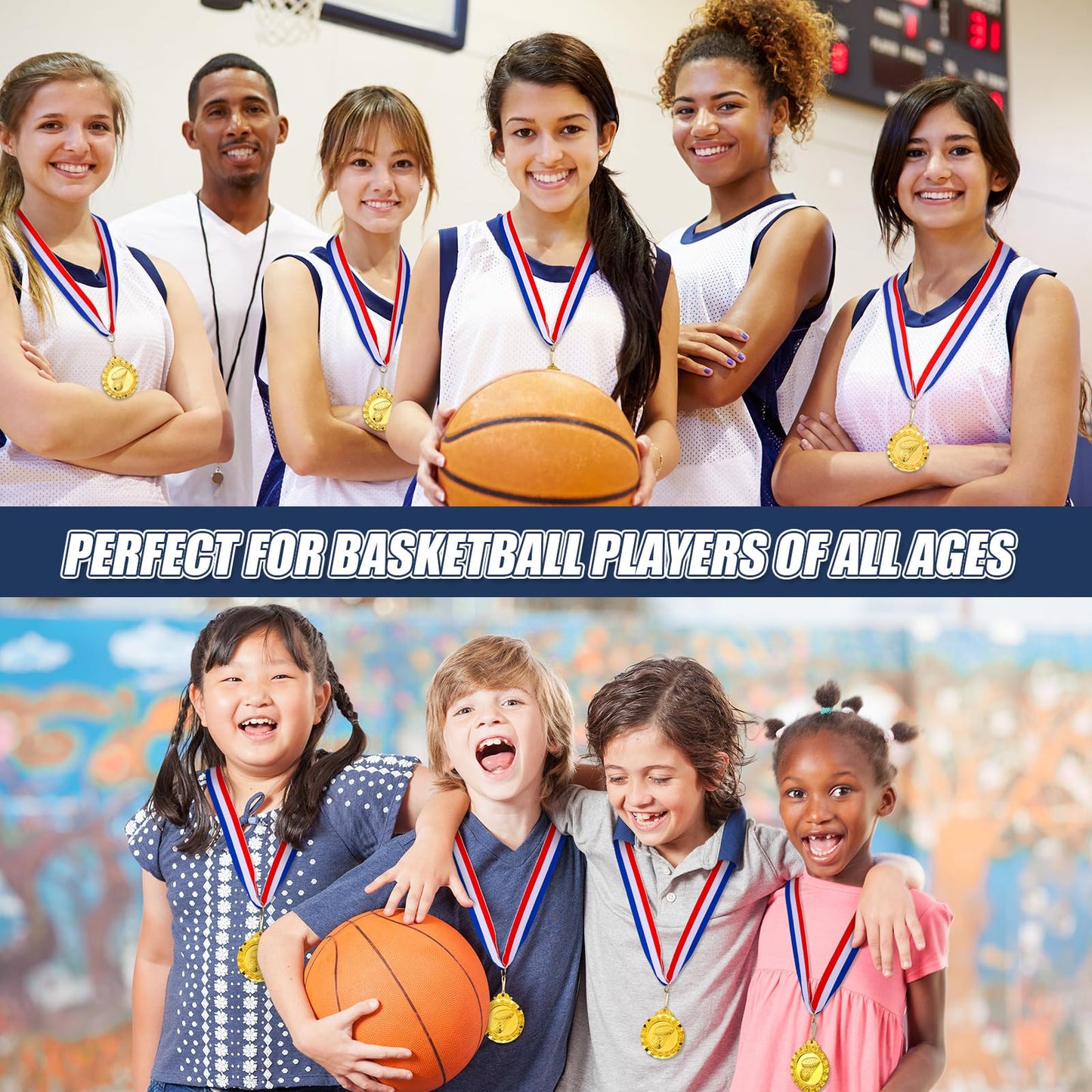 Misdary 36 Pcs Basketball Medals for Kids 2'' Gold Sports Awards Basketball Team Medals Bulk Trophy with Red White Blue Stripes Ribbon for Kids Sports Party Winner Gifts