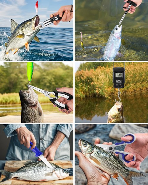 AOFUXTI Fishing Tool Kit - Fishing Pliers, Hook Remover, Fish Gripper，Fish Scale, Fish Knife, Saltwater Fishing Gear with Sharpeners, Best Gifts for Men (Orange with Scale)