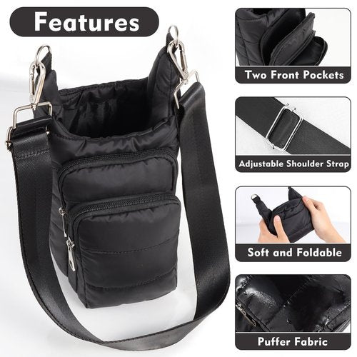 Water Bottle Holder with Strap Water Bottle Carrier Bag with Strap Quilted Puffer Hydrobag Sling Purse Crossbody Bags for Women Walking Hiking Cycling