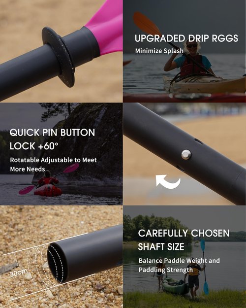 HIKULA Kayak Paddles Aluminum Shaft Paddle with Nylon Blades, Floating Adjustable Kayaking Oars, 3 Piece, 220-240cm/86-94 Inches,Black/Rose/Teal