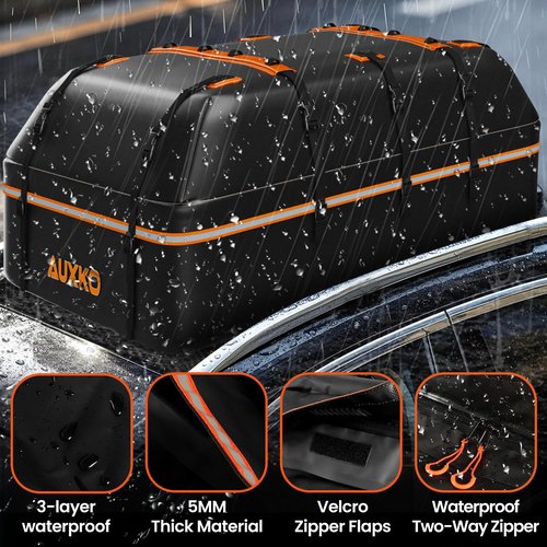 AUXKO 22 Cubic Ft Waterproof Rooftop Cargo Carrier Bag for All Vehicles with/Without Roof Rack, Soft Shell Car Roof Bag with Reflective Strip Includes Anti-Slip Mat, 6 Door Hooks & Combination Lock