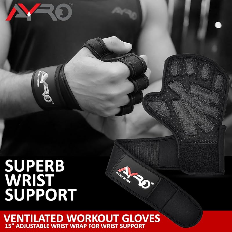 AYRO Workout Gloves for Men & Women - Weight Lifting Gloves with 15" Wrist Wraps, Non-Slip Palm, Breathable Mesh (Black, Small)