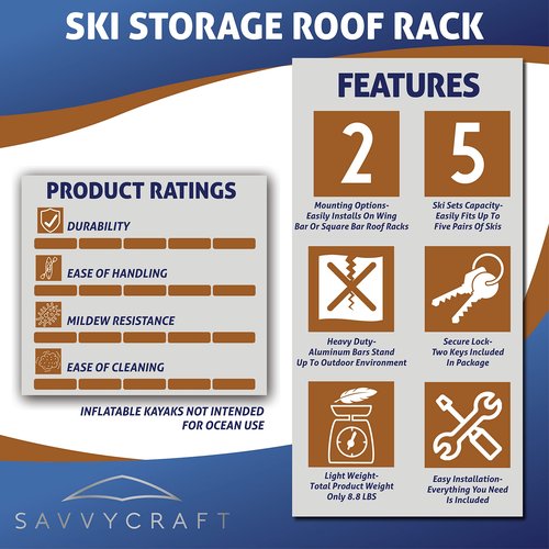 Savvycraft Ski and Snowboard Rack for Car Roof Rack, Universal Ski Rack Snowboard Rack for Roof Rack Carrier Mount, Fit Most Roof Rack Crossbars Hold up to 5 Pairs of Skis or 4 Snowboards