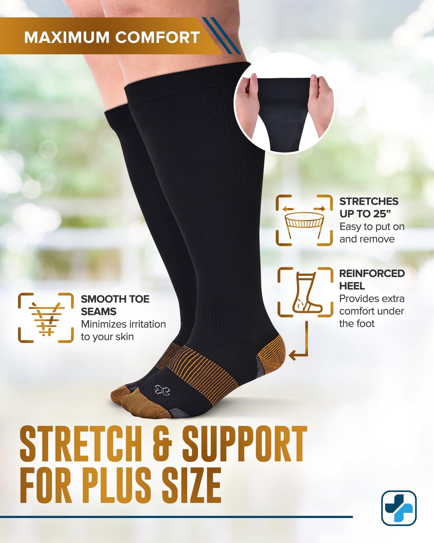 Doctor's Select® Copper Plus Size Compression Socks Wide Calf - 2 Pairs | 20-30mmHg Extra Wide Calf Compression Socks Women Copper for Swelling, Varicose Veins | Black