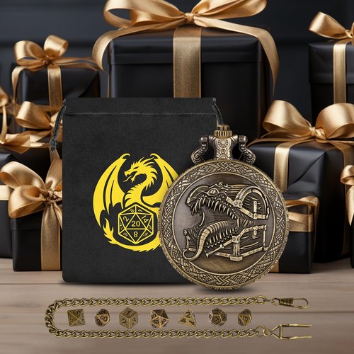 Mini DND Dice Set, with Steampunk Tongue Treasure Chest Pocket Watch Shell Case, 7-Piece Polyhedral Metal D&D Dice, DND Gift Bag with Dragon Logo, RPG, Role Play Board Game Accessories, Bronze