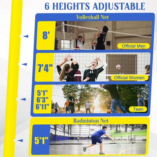 Volleyball Poles, Badminton and Volleyball Post,8ft Professional Standard Volleyball Poles,6 Adjustable Heights