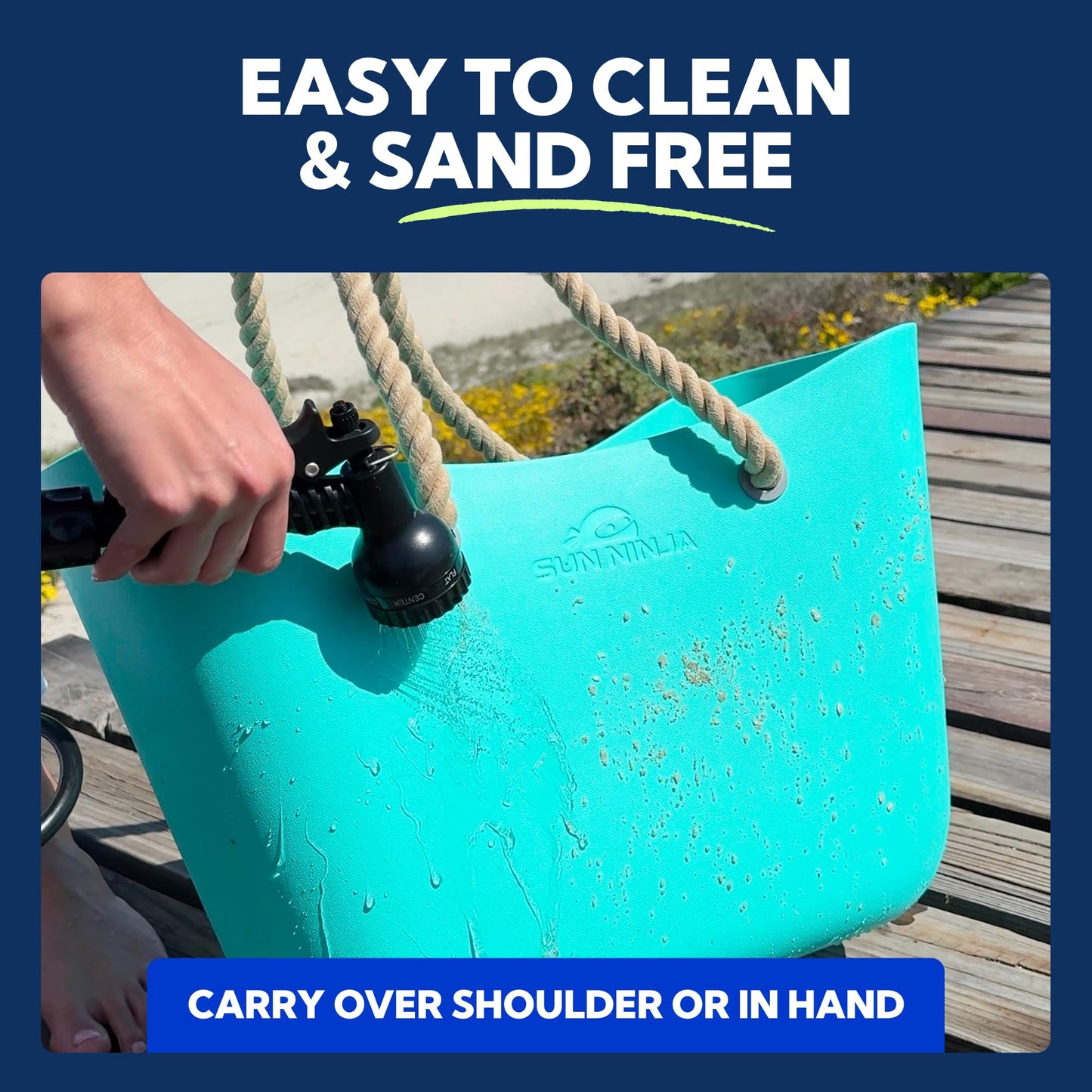 SUN NINJA Rubber Beach Bag - Extra Large Waterproof EVA Tote Bag with Comfortable Rope Handles for Beach, Boat, Pool, Outdoors & Travel - Washable, Sandproof & Anti-Skid Bottom Grip - Turquoise
