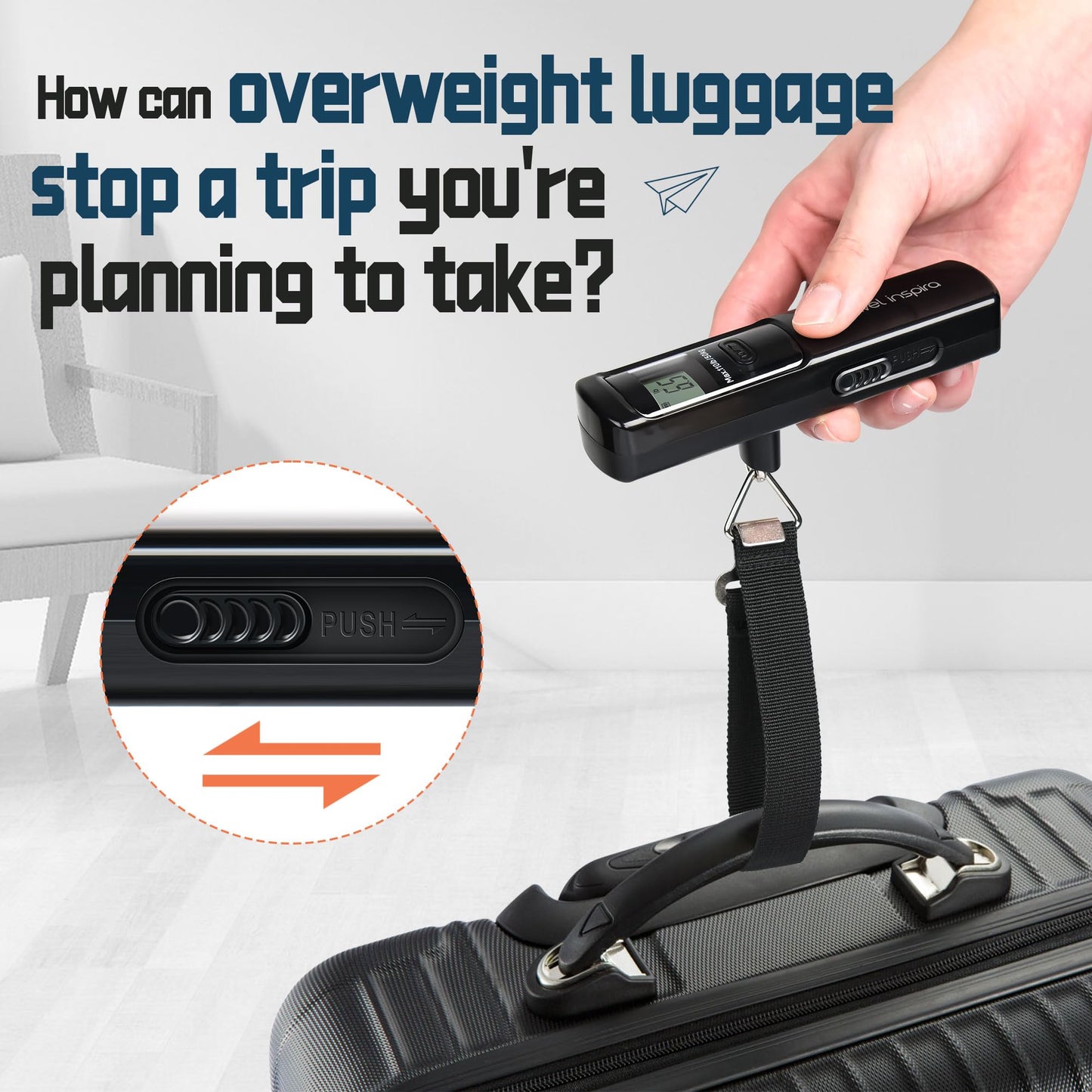 Battery-Free Luggage Scale – No Batteries Needed, Portable Digital Hanging Suitcase Weight Scale for Air Travel & Checked Bags, 110lb/50kg, LCD Display, Compact Travel Accessory