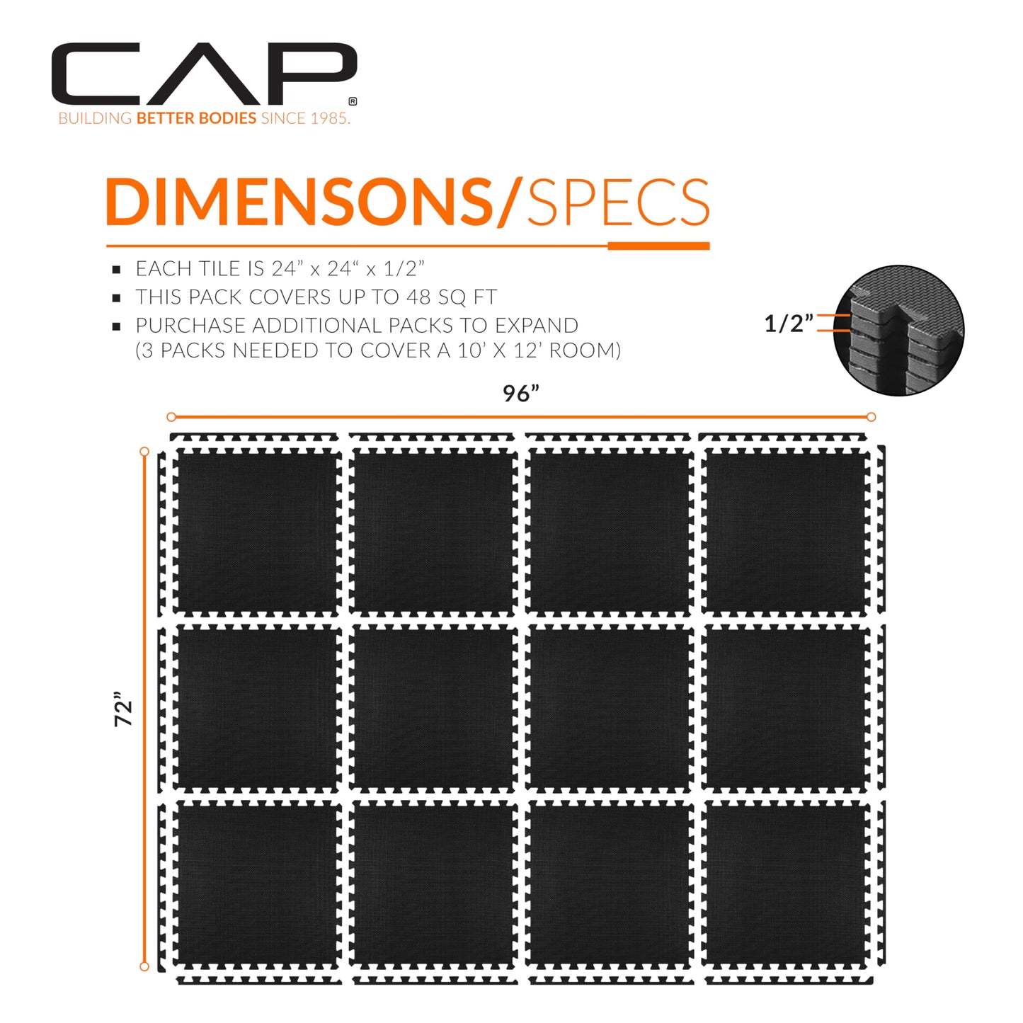 CAP Barbell 1/2-Inch Interlocking EVA Foam Exercise Puzzle Mat Home Gym Flooring - 2 Pack | 24" x 24" x 1/2" | T Pattern - Black
