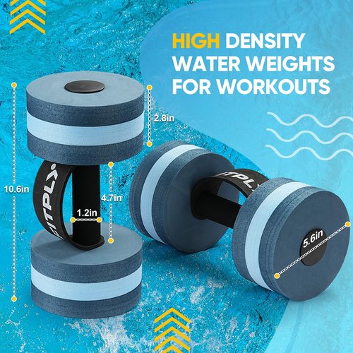 Fitply Water Weights Aquatic Pool Dumbbells for Swimming Exercise - EVA Foam Swim Pool Weights with Handle Strip, 2PCS Lightweight Water Dumbbells, Aerobics Swimming Exercise Equipment (Dark Blue)